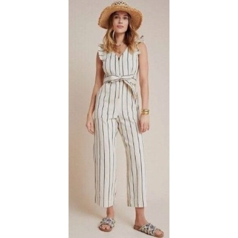 Anthropologie Striped Ruffle Sleeve Wide Leg Jumpsuit Cream Blue US 0 OB1089695